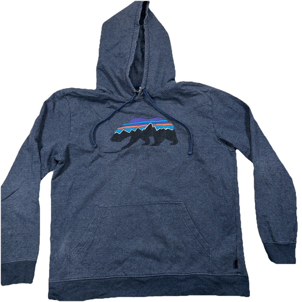 Patagonia L Large Fitz Roy Bear Hoody Sweatshirt Blue Mens Hoodie‎
